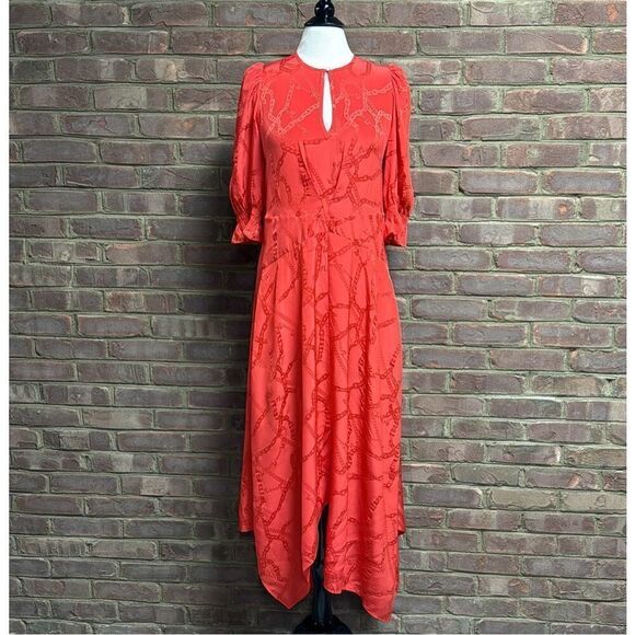 Zadig & Voltaire  X Defile Red Asymmetric Ruffled Silk Crewneck Dress Size Med - Picture 3 of 9